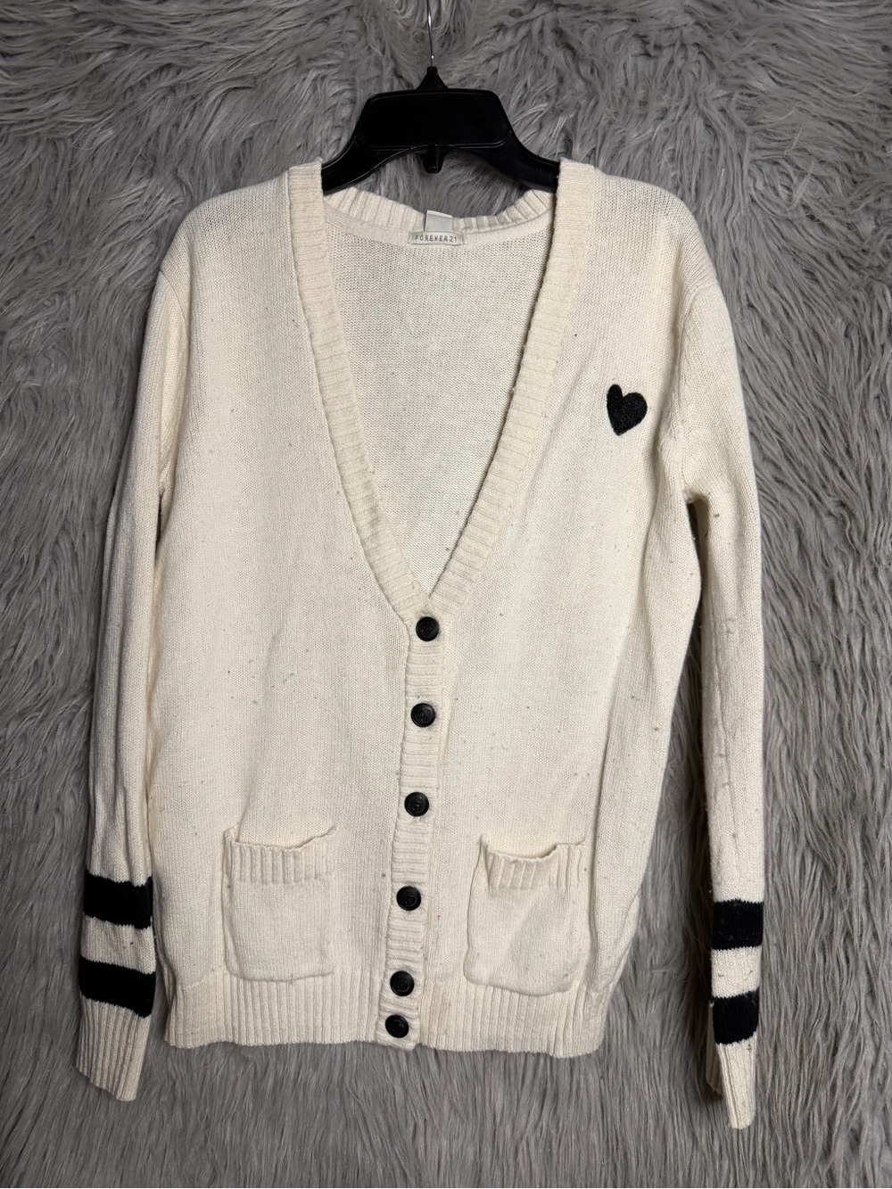 Forever 21 Cream Cardigan with Black Heart & Stripe Accents